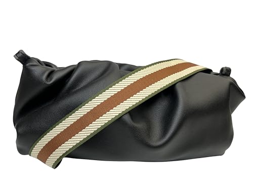 Image of Green Beige Brown Stripe Purse Strap with Silver Hardware 1-1 /2 Inch Wide Replacement Crossbody Guitar Style Shoulder Strap for Handbags Totes