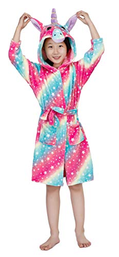 Kids Unicorn Hooded Robe Animal Pajamas Flannel Bathrobe Children Sleepwear Unicorns Gifts (Colorful Star, 5-6 Years)
