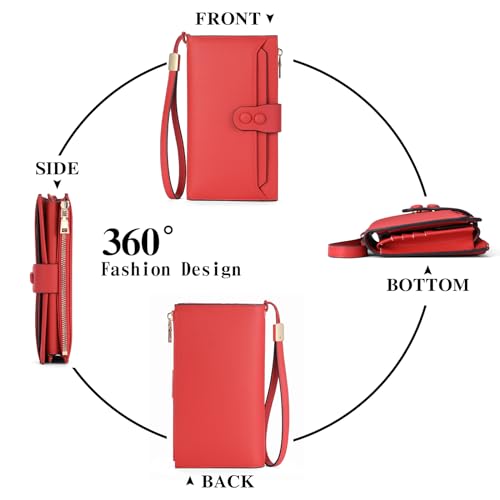 Large Genuine Leather Wallet for Women RFID Blocking Multi Card Organizer Wristlet Clutch (Red)4