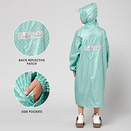 Image of THE CLOWNFISH Drizzle Dot Series Kid's Raincoat Waterproof Polyester Double Coating Reversible Long Length Coat With Hood And Reflector Logo At Back.