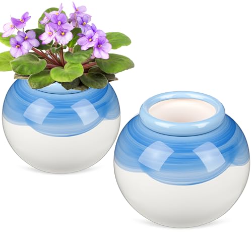 Marsui 2 Pack African Violet Pots Self Watering 7 w x 5.5 h Ceramic Plant Pots for Indoor Flowers and Plants for Busy Plant Lovers, Automatically Absorb Appropriate Amount of Water(Light Blue)