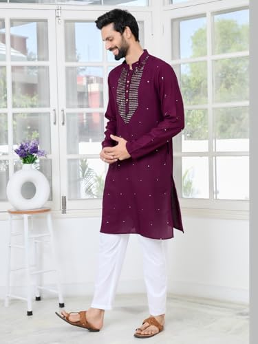 Image of See Designs Men's Full Sleeve Mandarin Collar Sequins Embroidered Chanderi Straight Long Kurta with Yoke Design - Festive Collection