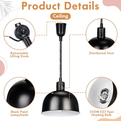 Nuanchu 2 Pack Hanging Food Heat Lamp Retractable with 250w Heating Bulb Commercial Infrared Food Service Warmer Fry Heating Light for Buffet Restaurant Kitchen Use(Black,Dia 29cm) - Thumbnail 3