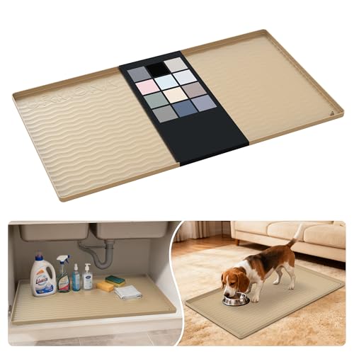 Image of URMONA Waterproof Silicone Under Sink Mat 34'' x 19'' Shelf Liner for Kitchen and Bathroom, Cabinet and Counter Protector, Storage and Organizers, Litter Mat, Pet Cat Puppy Essentials(Khaki)