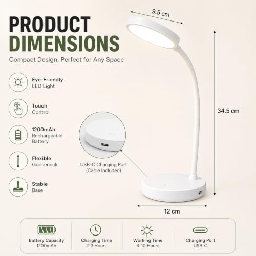 Image of Rechargeable LED Desk Lamp with Mobile Holder, 2400 mAh Battery, USB Type-C Charging, 3 Lighting Modes, Touch Control, Foldable Eye-Care Study Lamp for Reading, Office, Bedside & Students