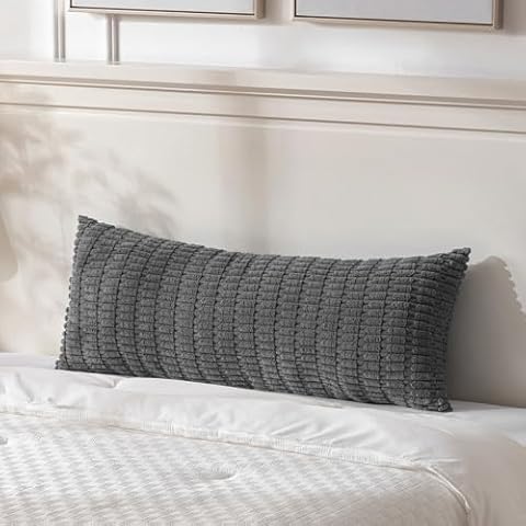Fancy Homi Dark Grey Long Body Lumbar Decorative Throw Pillow Covers 14x36 Inch for Bed Couch Bedroom Bench, Soft Corduroy Rectangle Solid Pillow Case, Rustic Farmhouse Boho Room Decor Cover
