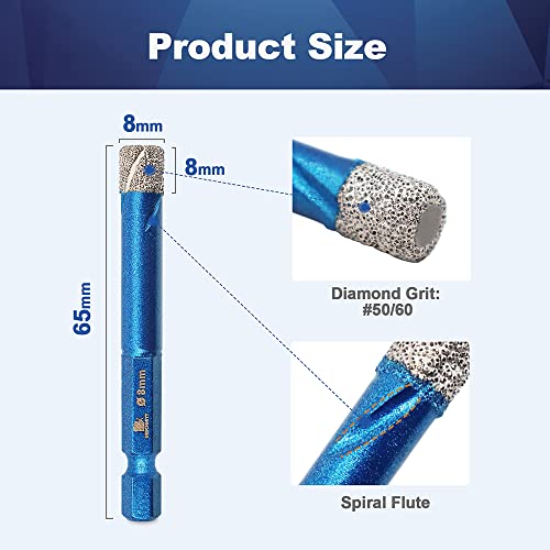 Diamond Drill Bit 8mm,BRSCHNITT 3pcs/pack 5/16 Inch Diamond Hole Saw Drill Bit for Porcelain Tile Ceramic Stone Granite Marble,Hex Shank Dry Drilling Diamond Core Drill Bit Set - Image 2