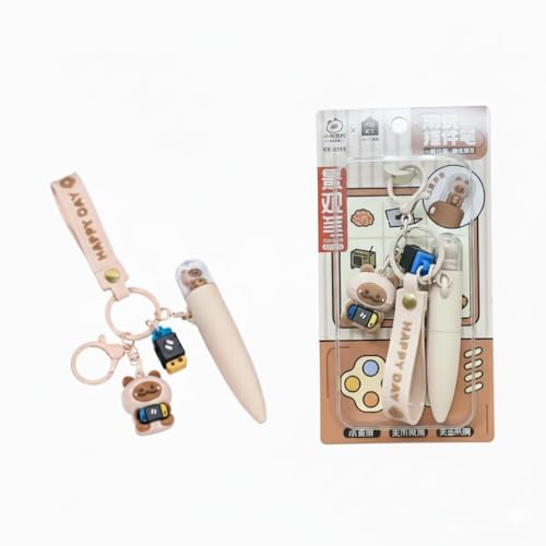 Cute Pen with Key chain Cartoon Pen for Kids Girl & Boy Soft Silicone Case, Charm Keychain & Wrist Strap Smooth Black/Blue Ink Pen for School, Office & Gifting (Keychain With Off White Pen)