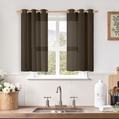 Image of LAMIT 40 Inch Linen Curtains for Kitchen Windows, Semi Sheer Light Filtering Panels Bronze Grommet Neutral Drapes for Bathroom /Cafe, 2 Panels Set, Dark Brown, 34 x 40 Inch