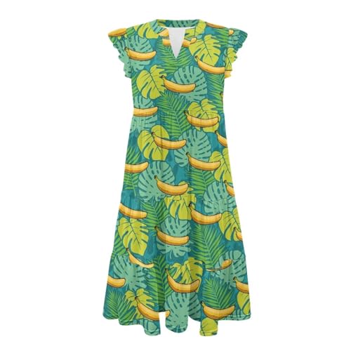 Image of Women's Casual Ruffle Sleeve Dress V Neck Pullover Dress Flowy A-Line Pleated Lightweight Dress with Pockets