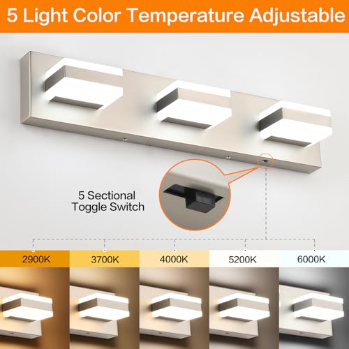Image of SOLFART Vanity Lighting Over Mirror, 3 Lights Brushed Nickel Bathroom Light, Modern LED Light Fixtures, 5 Color Temperature Adjustable Modern Light for Bathroom ETL Listed
