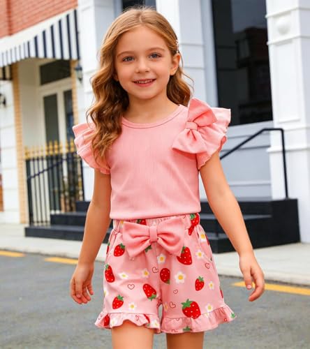 Image of Barlver Girls 2 Piece Short Set Baby Girl Summer Clothes Ruffle Sleeve T-Shirt and Bow Knot Shorts Toddler Girl Outfit Set