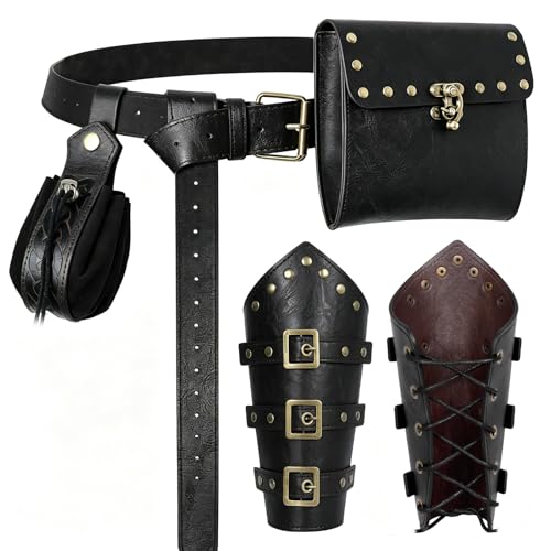 Image of Renaissance Belt Pouch Medieval Viking Leather Bracers Set for LARP