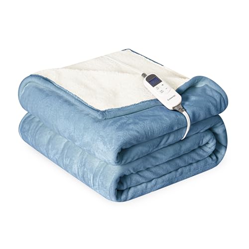 Heat Blanket 62”x84” Twin Size,Soft Flannel & Sherpa Reversible Electric Blanket with 10 Heat Settings,12 Timer Setting and 8 Hours Auto-Shut Off,ETL Certified Machine Washable,Light Blue