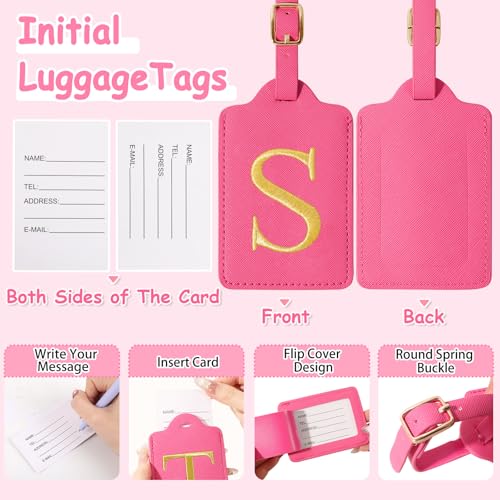 Image of Personalized Initial Luggage Tags for Suitcases, Cute PU Leather Embroidered Letter Travel Luggage Tags, Suitcase Identifier Name Baggage Tag, Bag Tags for Men Women Kids Luggage Handbags(Rosered S)