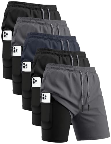 HOPLYNN 5 Pack Mens 2 in 1 Running Shorts with Liner...