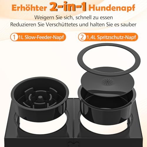 X XBEN 3-in-1 Erhöhte Hundenäpfe für Hunde mit 1,4L Auslaufsicherem Wassernapf und 1L Antischlingnapf, 5 Höhenverstellbar Futternapf für Mittlere Große Hunde, Rutschfester Hundenapf Futterstation