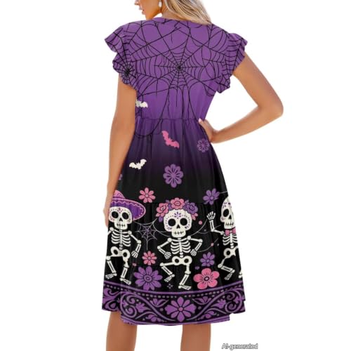 Image of Womens Summer Dress Ruffle Sleeve V Neck Dress Casual Fit Flowy Beach Vacation Sundress with Pocket S-2XL