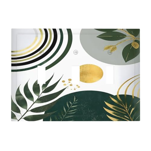 Decorative Light Switch Cover Plate Boho Green Leaves Bohemian Gold Sun 3 Gang Wall Plate Oversized Triple Toggle Switch Cover Plate Jumbo Faceplate for Bedroom Decor