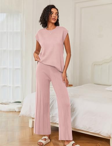 Image of Ekouaer Lounge Sets for Women Two Piece Outfits Knit Cap Sleeve Tops Wide Leg Pleated Pants Casual Dressy Sweater Sets
