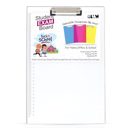 Image of GLUN Transparent Acrylic Exam Board with Ruler Marks, Size 14x10 Inches, Clear Clip Board use in Office Supply & School Supplies
