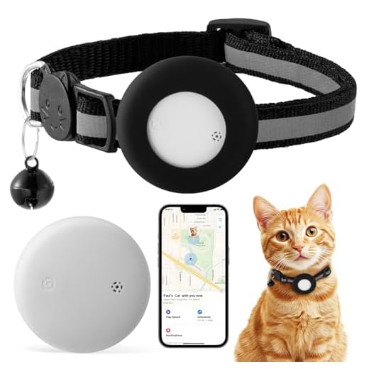 Cat Tracker Collar Breakaway - Tracking Pet Collar with Finder Tag, No Monthly Fee, Compatible with Apple Airtag Find My (iOS Only), Reflective Strip Design with Bell(Black)
