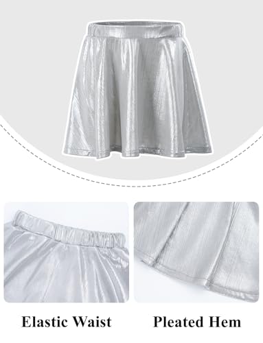Image of Happy Cherry Kid Girl Shiny Skirt and Top Set 2 Piece Texture Ribbed Metallic Disco Rave Cheer Outfit 4-12T