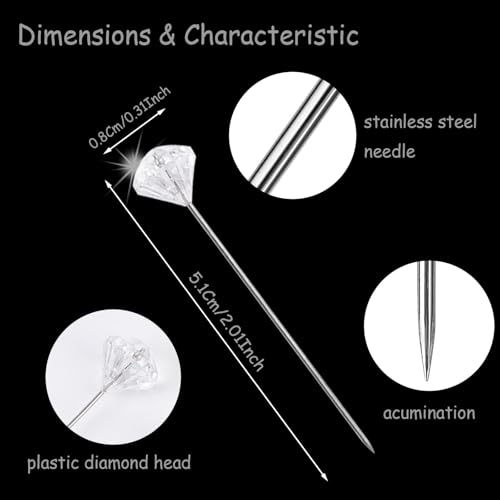300 PCS Bouquet Pins 2.01 Inches Straight Clear Corsage Boutonniere Pins Diamond Rhinestones Crystal Head Pins (0.8 * 5.1 Cm/0.31 * 2.01 in)