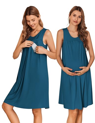 Image of Ekouaer Nursing Nightgown Pleated Hospital Gowns for Women Sleeveless Tank Labor Delivery Breastfeeding Dresses Peacock Blue X-Large