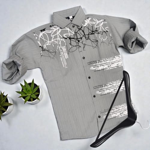 Image of Zilcon Boys Half & Half Long Sleeve Shirts Classic Collared Button-Down Tshirt Solid Cotton Letter Printed Kids & Junior Boys Shirt