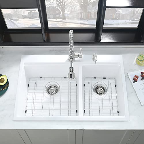 33 Double Bowl Drop In Kitchen Sink White- Ianomla 33 X22 Inch Drop In Topmount Kitchen Sink Workstation Sink Quartz Sink 60/40 Double Bowl White Kitchen Sink With Cutting Board #TOP3