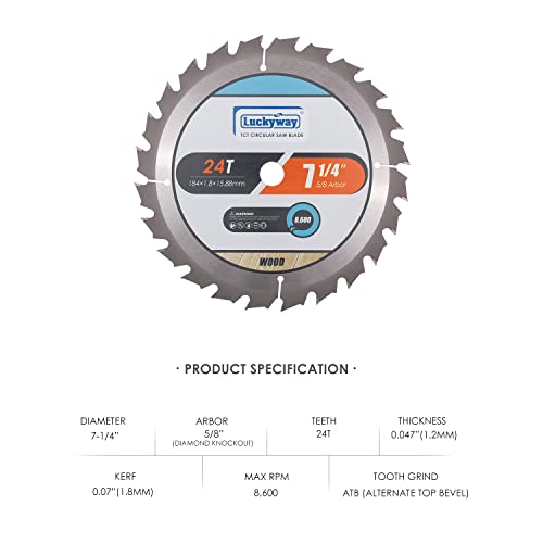 Luckyway 7-1/4 Inch Circular Saw Blade 24T Framing & 40T Ripping/Crosscutting & 60T Finish with 5/8 Inch Arbor TCT (Tungsten Carbide Tipped) Saw Blade for Cutting Wood 3-Pack