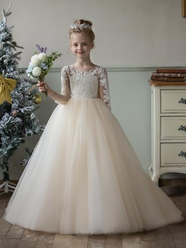 Girl Elegant Wedding Party Lace Long Sleeve Flower Girl Dresses Puffy Tulle Pageant First Communion Dress3