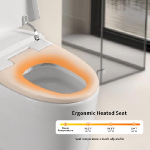 Inodoro inteligente de una pieza sin tanque con bidé integrado, descarga automática, apertura y cierre automáticos, asiento calefactado, lavado con burbujas, agua tibia y secado, temperatura ajustable, control remoto y botón lateral miniatura 4