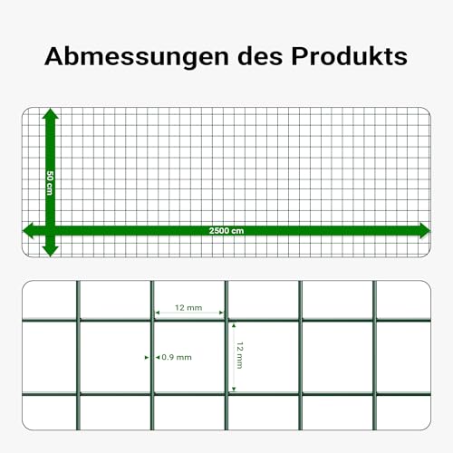 Wiltec Maschendrahtzaun Grün 1x25 m 50 cm Höhe 0,9 mm Stärke 12x12 mm Maschengröße, Volierendraht 4-Eck aus Stahl verzinkt, Drahtgitter, Vogeldraht
