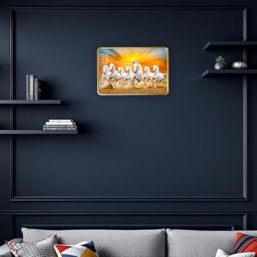 Image of Dharvika Innovations 7 Running Horses Photo Frame, Ultra High Gloss Lamination, Vastu Painting for Living Room, Office, 12x18 Inch (Design 18)