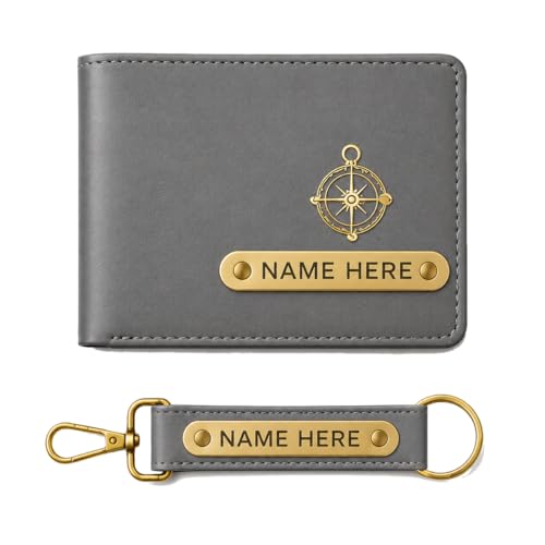 Image of Premium Customized Wallet & Keychain Combo for Men - Stylish Faux Leather Gift Set with Personalized Name & Charm - Ideal Birthday, Anniversary & Festival Present (Grey)