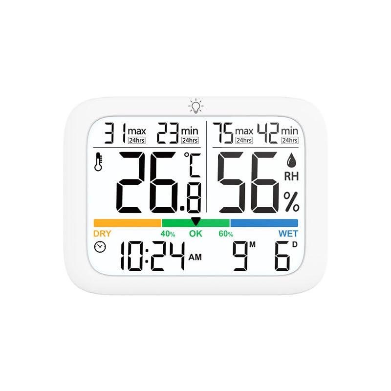 Home Digital Indoor Temperature Humidity Meter with Clock Magnetic Wall Mount for Time Retention