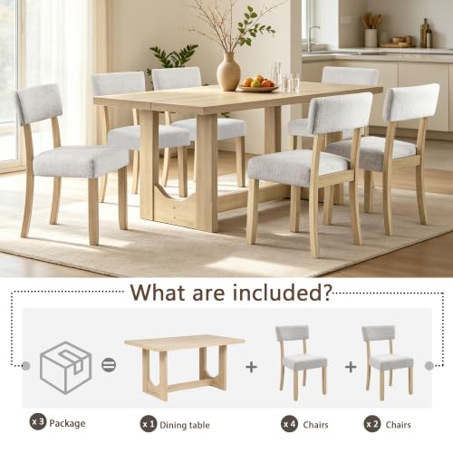 Image of KEIKI 7-Piece Standard Height Dining Table Set with Rectangular Table, 6 Upholstered Curved Backrset Chair, for 6 Person, Modern Style Table Set, Easy Assembly, for Kitchen, Dining Room, Light Oak