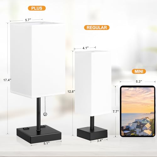 Image of Bedside Lamp for Bedroom - 3 Color Temperatures, USB A+C, 2 AC Outlets | Pull Chain Switch, LED Bulb Included, White Fabric Shade, 17.4 inch Table Lamp for Nightstand, Desk, Living Room, Office