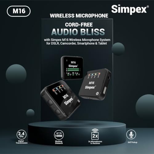 Image of Simpex M-16 Wireless Microphone System with ANC Noise Reduction, 360 Sound Capture, 100M Range, Upto 12 Hrs Working Time, for DSLR Camera, Android & iOS Smartphones, Seamless Audio Recording