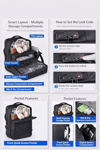 Image of 60L Vacuum Compression Travel Backpack with Air Pump - Expandable Carry-On, Anti-Theft Laptop Backpack Fits 17.3 inch, TSA Lock, Space-Saving Travel Bag