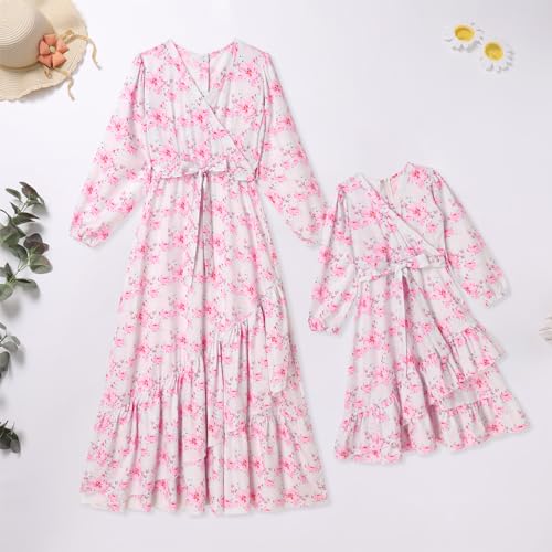 AWIBMK Mommy and Me Matching Dresses Floral Ruffled Hem Long Dress Fall Winter Strawberry Mom Daughter Matching Outfits2