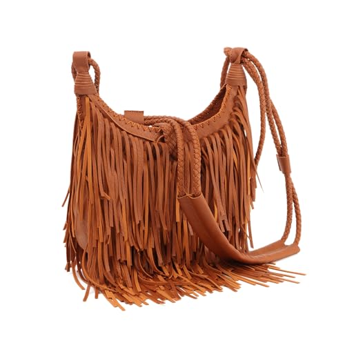 LUI SUI Bolsa feminina vintage com franjas Hobo - Bolsa de ombro preta com franja e borla, Marrom, 9.4” x 12.2”x2.7”