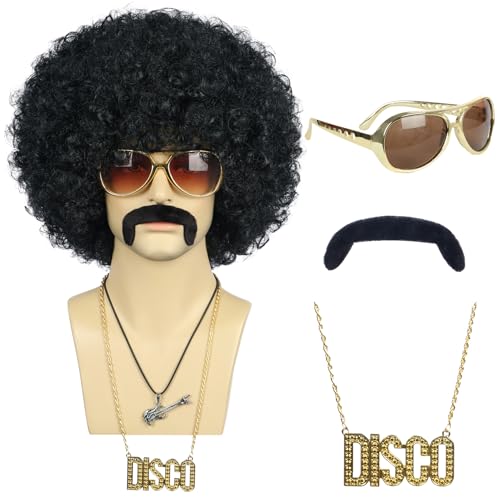 VGbeaty Men Short Wave Black Wig with Glasses and Mustache and Gold Necklace Afro 70s 80s Disco Wig Heat Resistant Synthetic Fiber Soft Durable Breathable Cap for Halloween Costume Party