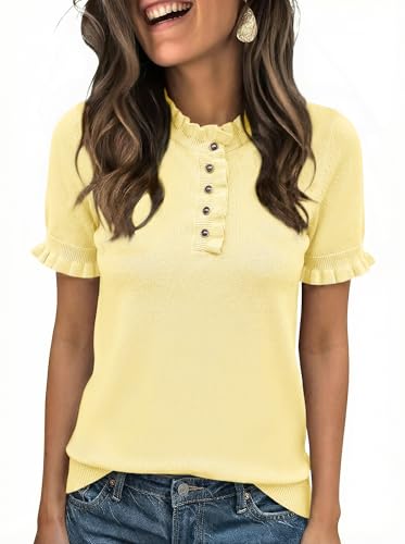 Cicy Bell Womens Puff Short Sleeve Sweater Tops Ruffle Henley