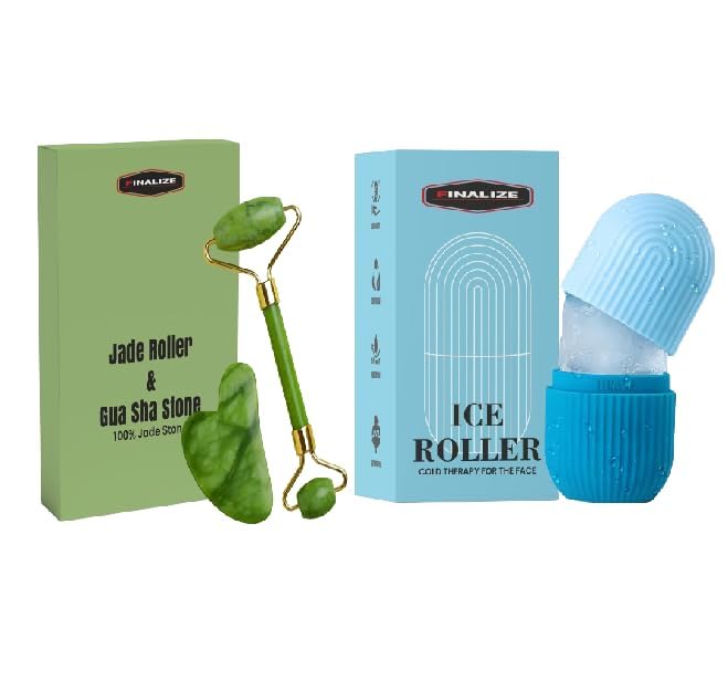 Finalize Facial Massager Jade Roller & Gua Sha Tool 100% Natural Himalayan Stone for Face Neck Healing Skin Wrinkles & Face Eye Neck Foot Manual Massage For Women (STONE + NEW BLUE)