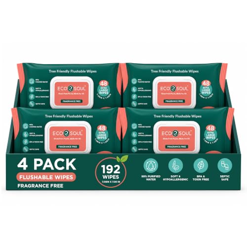 Image of ECO SOUL Bamboo Flushable Toilet Tissues for Adults - Fragrance Free | 4 Packs of 48 | Soft Intimate Body Bum and Hand Cleaning Wipes