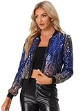 Allegra K Women's Halloween Sequin Long Sleeve Shiny Party Zip-Up Bomber Cropped Jacket Small Blue