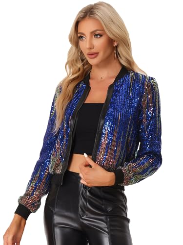 Allegra K Women's Halloween Sequin Long Sleeve Shiny Party Zip-Up Bomber Cropped Jacket Small Blue